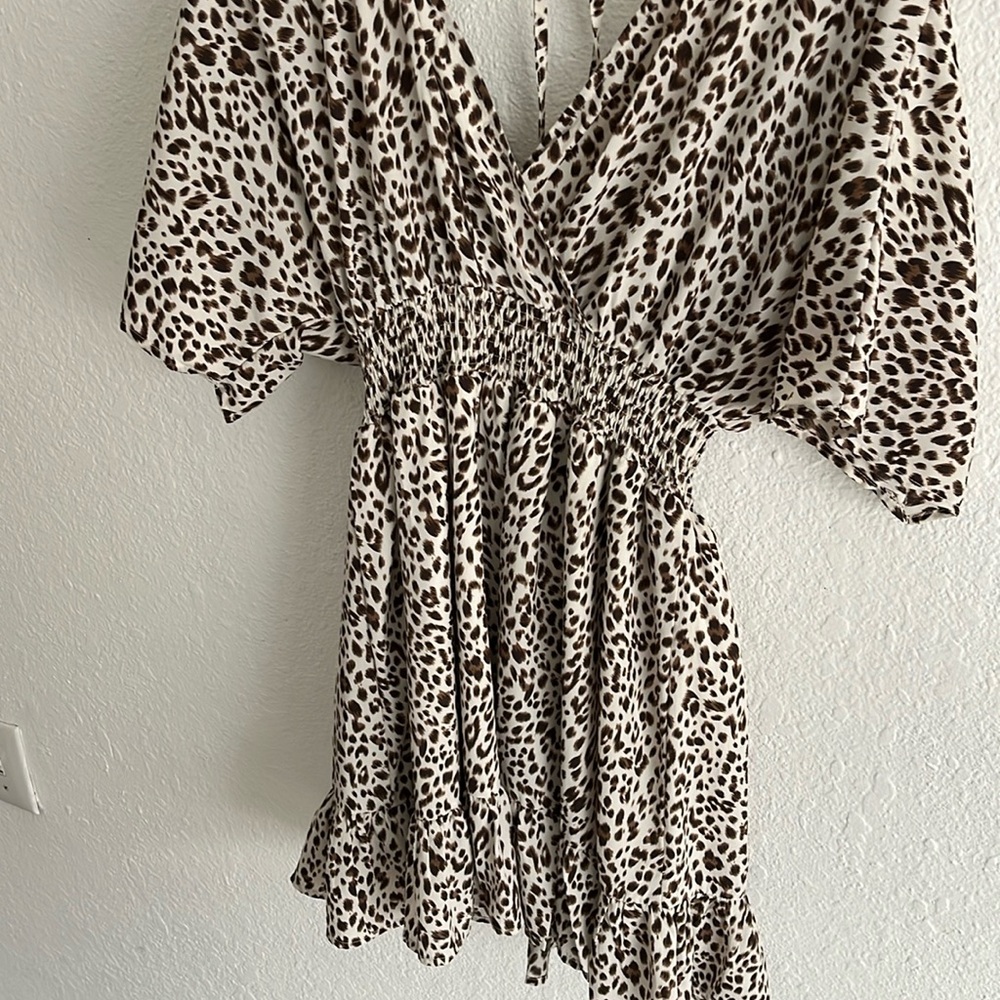 brown leopard print midi dress